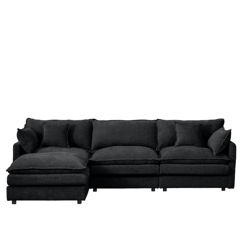 L Shaped Modular Sectional Sofa with Ottoman, Comfy Chenille Upholstered Cloud Couch, 4-Seat Deep Seat Sofa with Pillow