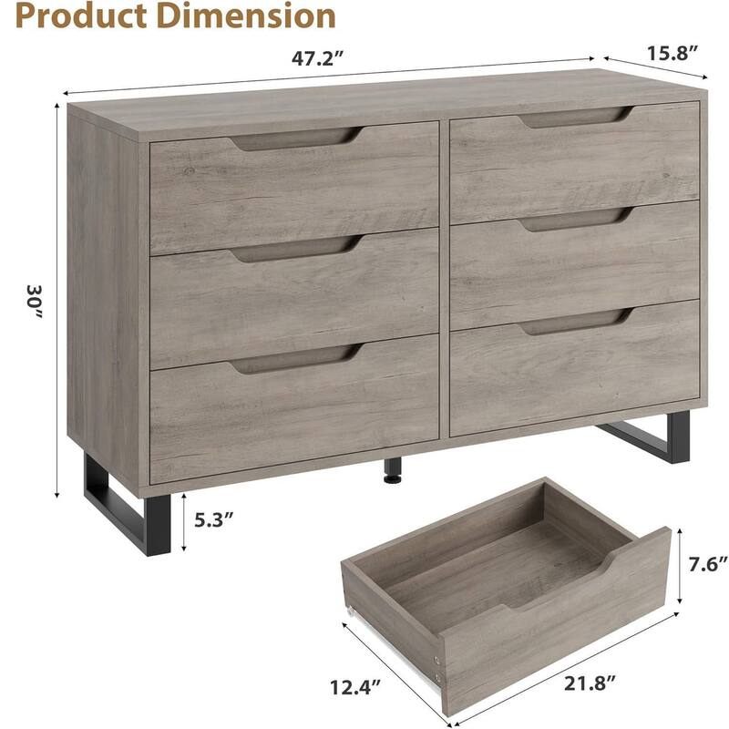 Farmhouse Freestanding Double 6 Drawer Dresser for Bedroom, Living Room, Hallway