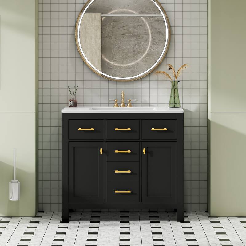 36'' Storage Cabinet for Bathroom Vanity with Ceramic Sink, 4 Drawers, 2 Cabinets and Gold Metal Handles, Freestanding Cabinet - Black