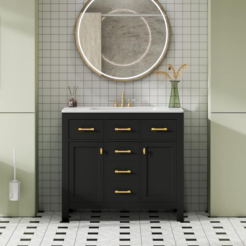 Roomfitters 36" Vanity with Ceramic Sink, Solid Wood Freestanding Cabinet with 4 Drawers and 2 Doors, Storage Unit for Bathroom
