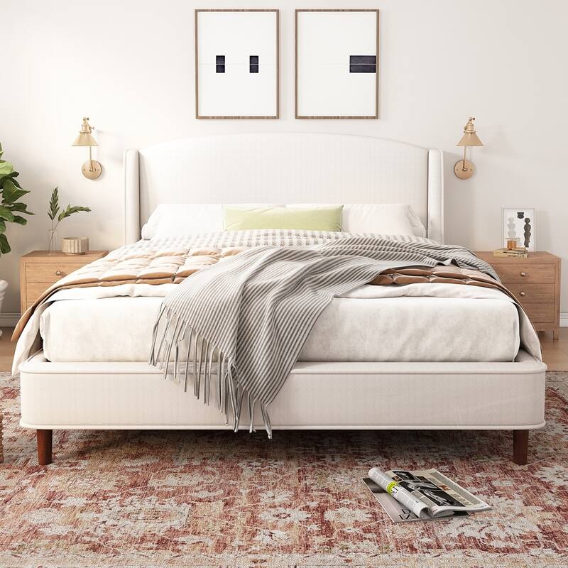 King Size Bed Frame Upholstered Platform Bed with Wingback Headboard