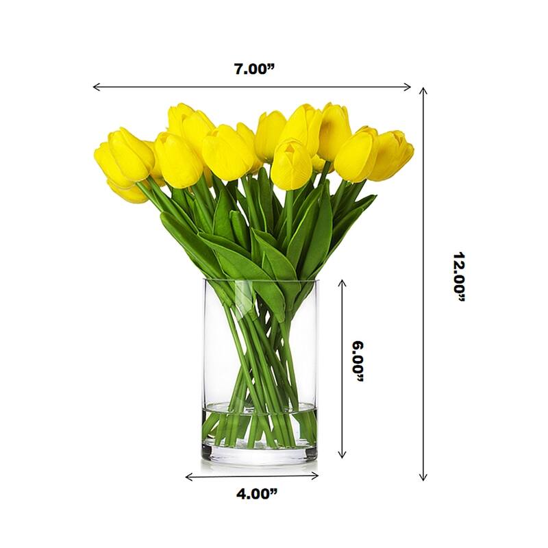 Enova Home 20 Pieces Artificial Real Touch Tulips Fake Silk Flowers Arrangement in Glass Vase with Faux Water for Home Decor