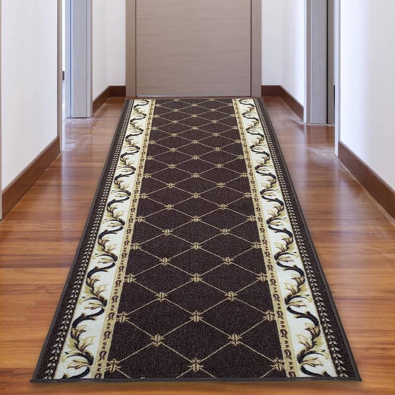 Custom Size French Trellis Design Brown,Red,Blue Color Non-Slip Rubber Backing- 31 Inch WidexYour Choice of Length Runner Rug