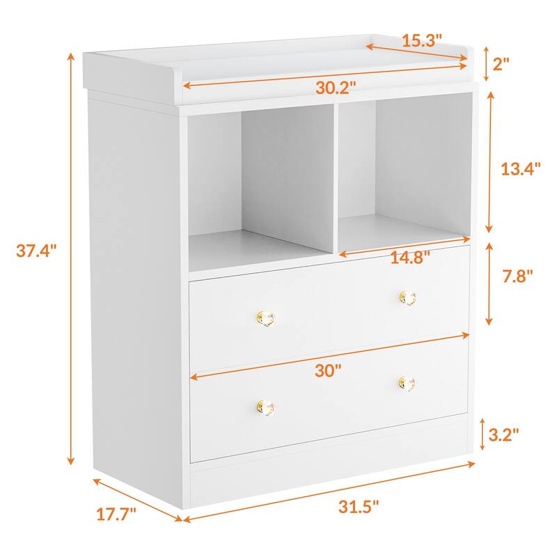 Changing Table With Pad, Modern Changing Station With 2 Drawers and 2 Open Compartments