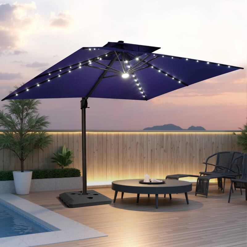 Pellebant 10x13 FT Outdoor Patio Double Top Cantilever Umbrella Solar LED Lighted with 4 Piece Square Offset Umbrella Base