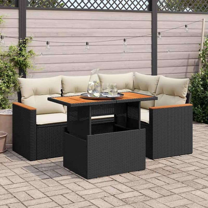 vidaXL Patio Sofa Set with Cushions Lounge Set 5 Piece Poly Rattan Acacia - Black and cream - form2 - 21.7" x 24.4" x 27.2"