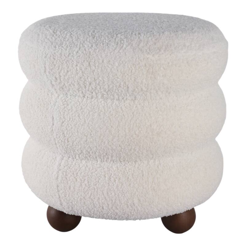 Decorative Round Ottoman with Ribbed Design and Ball Feet- 18", Ivory