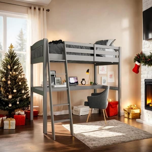 slide 2 of 9, High Loft Bed with Desk and Storage, Heavy Duty Solid Wood Full Size Loft Bed Frame with Stairs for Kids and Toddlers, Grey