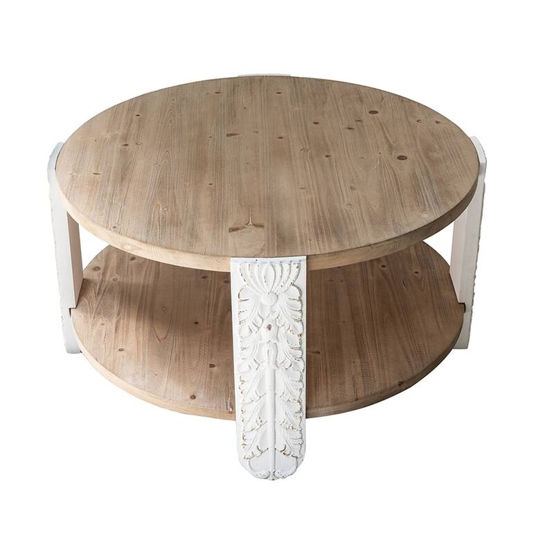 Round Wooden Coffee Table with Natural Brown Finish, Carved White Legs, and Lower Storage Shelf