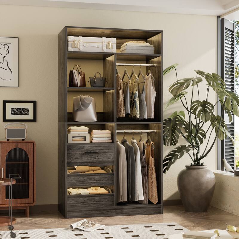 36" Freestanding Closet System With 3 Drawers and 2 Hanging Rods,Multi-Purpose Wardrobe Closet Rack