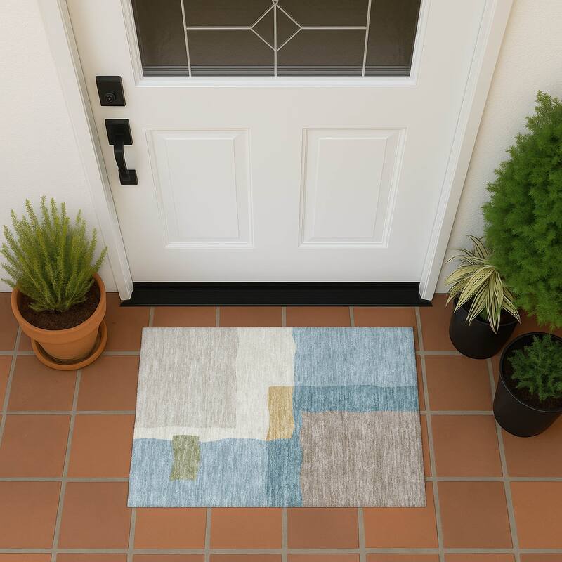 Machine Washable Indoor/ Outdoor Contemporary Blox Chantille Rug - Teal - 1'8" x 2'6"
