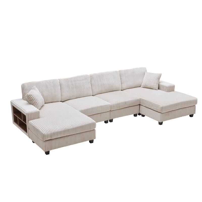 Modular Sectional Sofa with Dual Chaise Lounges, Corduroy Cloud Sofa with Armrest Storage Rack, Convertible 4-Seat Sleeper Sofa