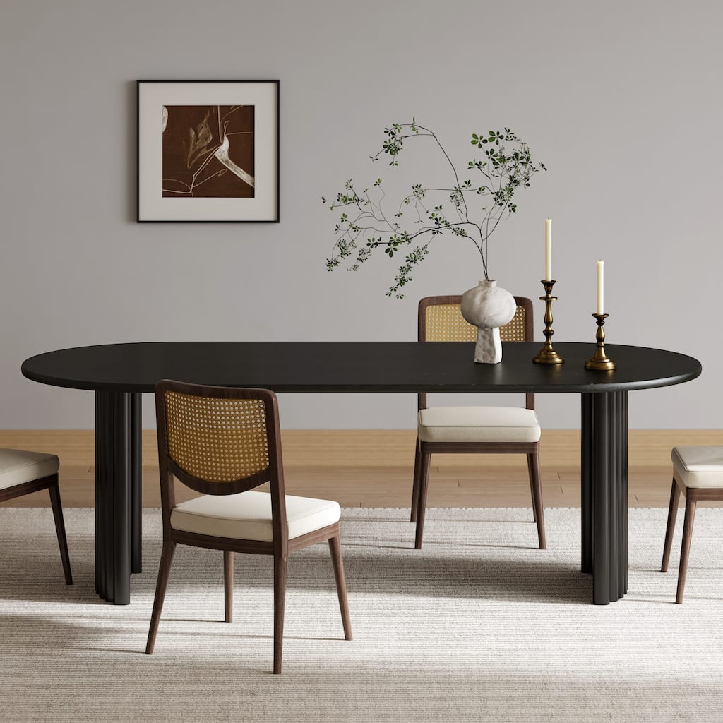 Oval Dining Table with Arc-Shaped Edge Top and Stripes Base Modern Farmhouse Kitchen Table for Living Room Dining Room
