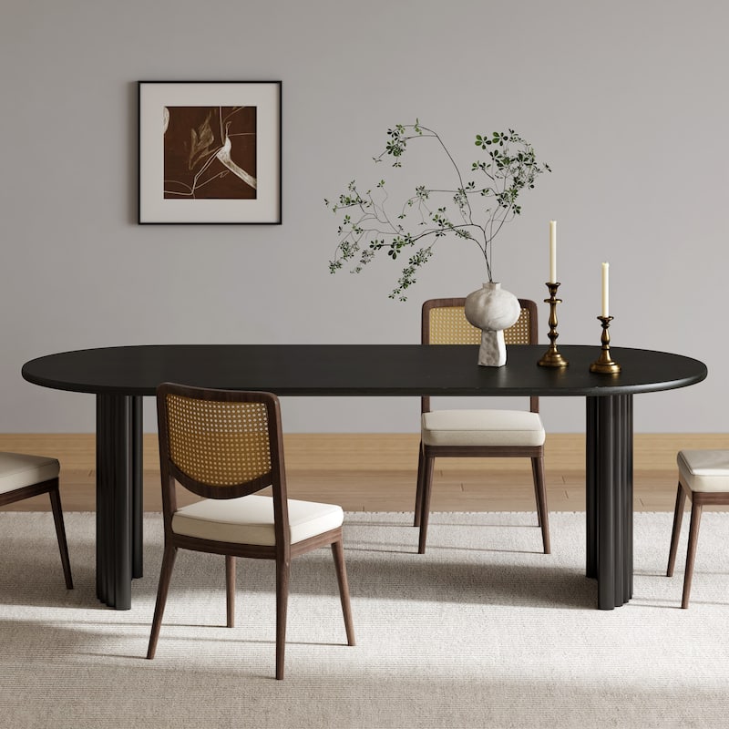 Oval Dining Table with Arc-Shaped Edge Top and Stripes Base Modern Farmhouse Kitchen Table for Living Room Dining Room - 79 in.L x 33.5 in.W - Black