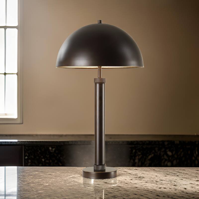 Modern Accent Table Lamp, Dome Shade, Gold Edge, Black Metal Round Base