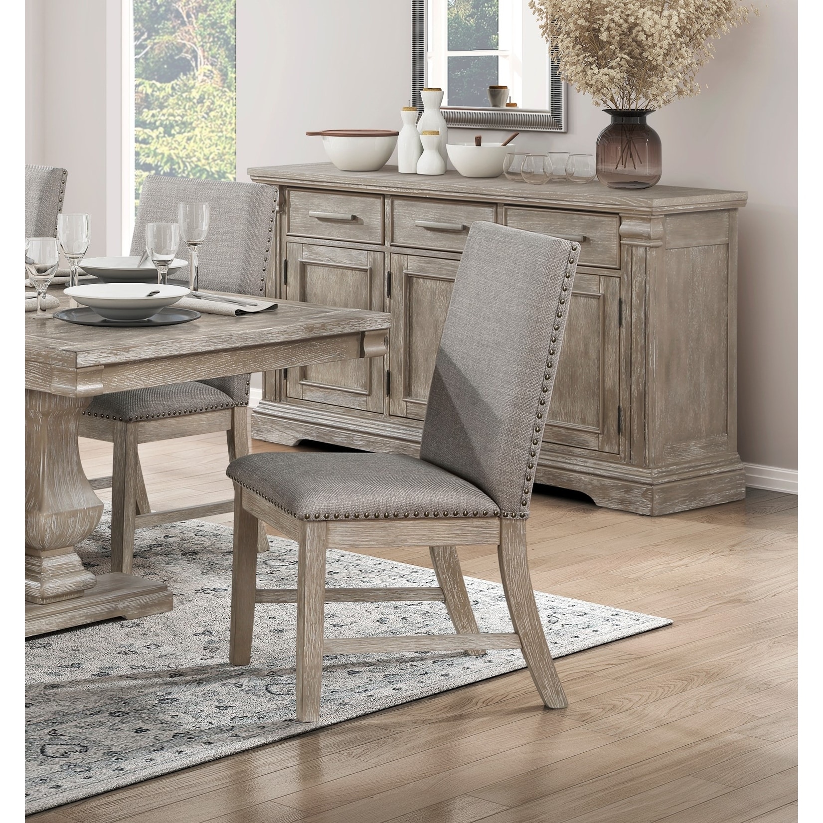 Set Of Two Side Chairs Upholstered Backrest Seat Nailhead Trim Finish Dining Furniture