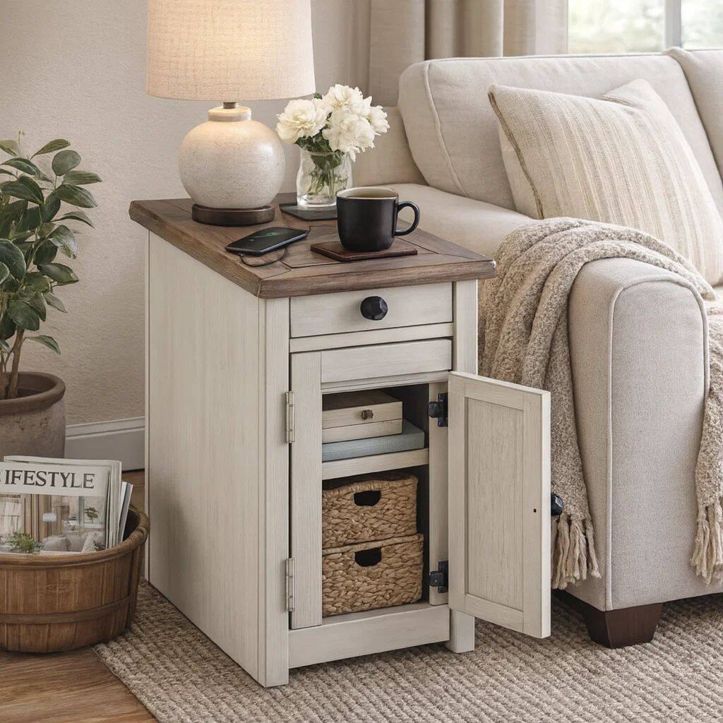 Chair Side End Table with 1 Cabinet and Pull Out Tray, White and Brown