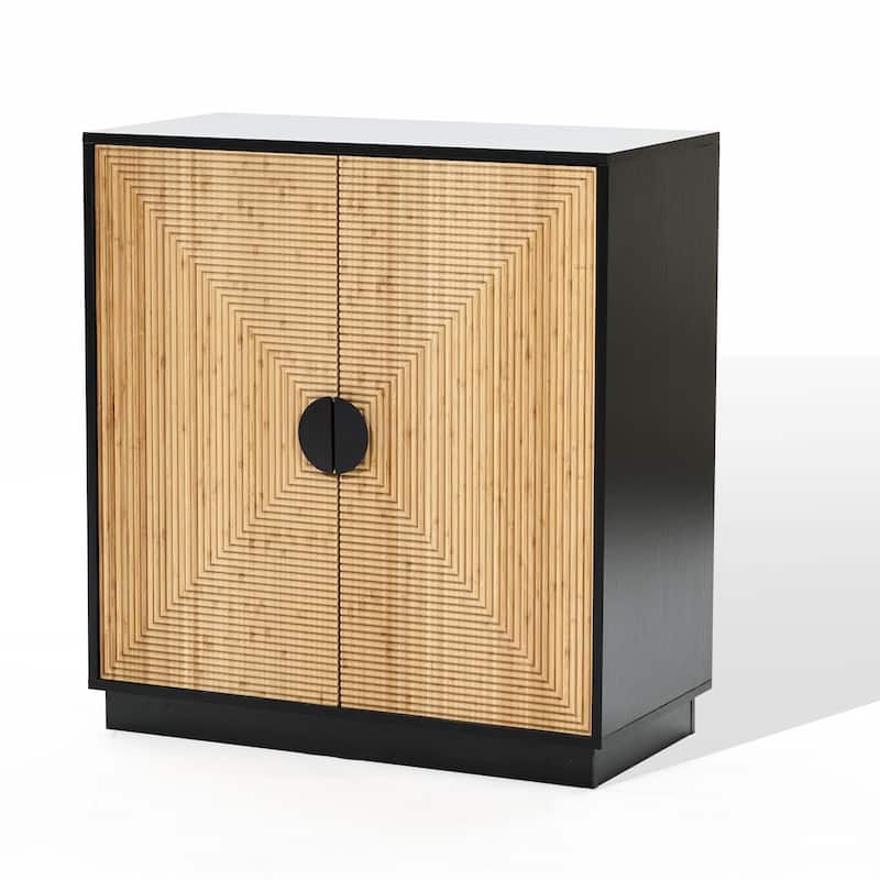 Modern Boho 2-Door Black Accent Cabinet with Bamboo Strips - 33.9" H x 31.5" W x 15.7" D