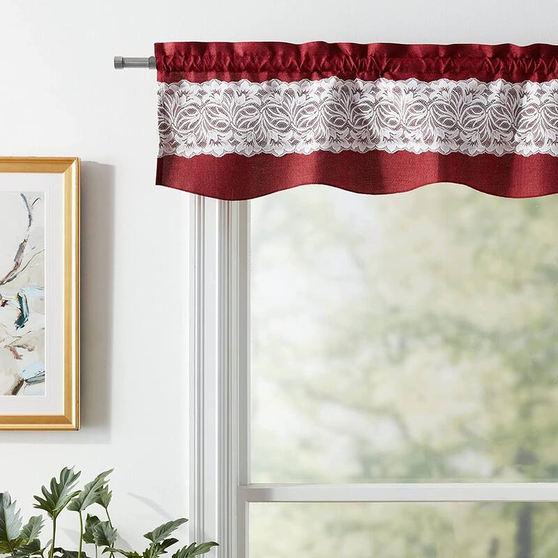 Violet Linen Eden Vintage Rustic Burlap Hessian Lace Pattern, Polyester, 60" x 15", Straight, Rod Pocket Curtain Valance - Burgundy