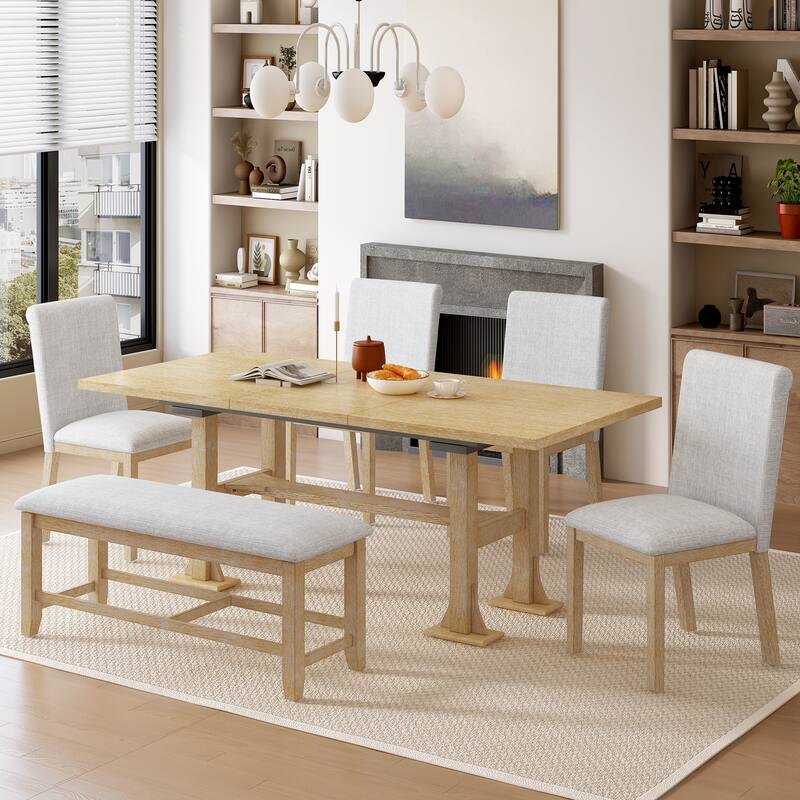 6-Piece Extendable Dining Table Set, Farmhouse Kitchen Table Set with Removable Leaf and Upholstered Dining Chair and Bench - Natural
