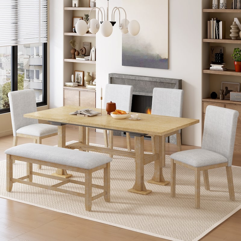 Trestle Kitchen Table Set for 6, Simple Upholstered Dining Chair and Bench Set for Dining Room, Extendable Dining Table - Natural