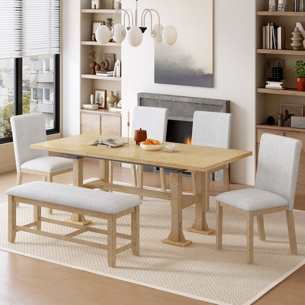 Trestle Kitchen Table Set for 6, Simple Upholstered Dining Chair and Bench Set for Dining Room, Extendable Dining Table