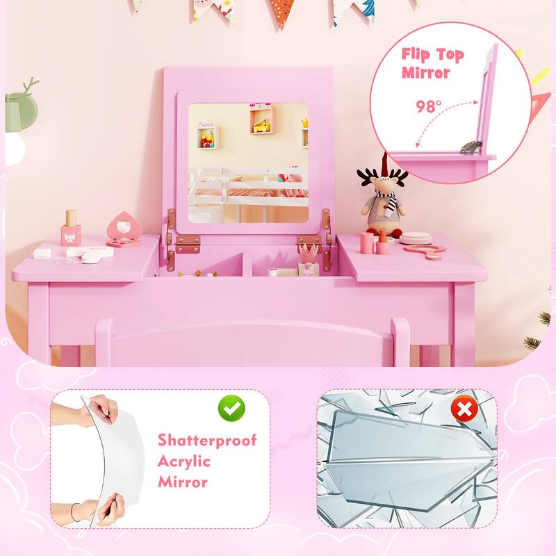 Gymax Kids Vanity Table & Chair Set 2-in-1 Princess Makeup Dressing