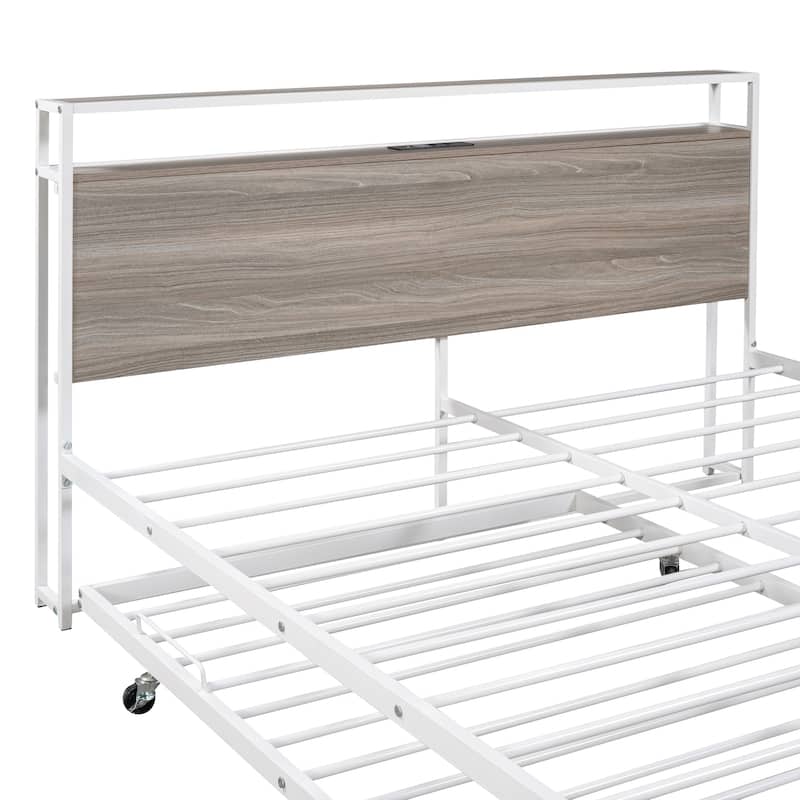 Metal Bed Frame Platform Bed with Storage Headboard, Pull-Out Trundle Bed, USB Ports, Metal Slat Support