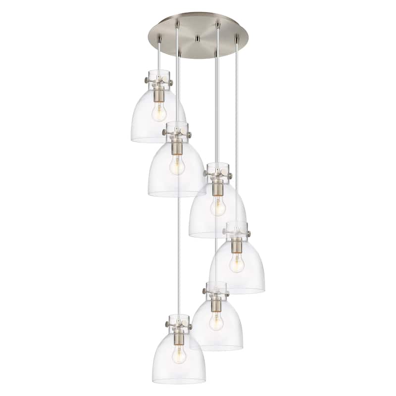 Innovations Lighting Newton Bell - 6 Light 8" Cord Hung Multi Pendant - 14" Canopy - Clear/Brushed Satin Nickel
