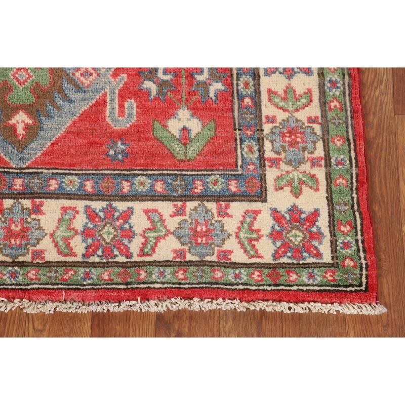 Geometric Orange Kazak Rug Hand-Knotted Wool Carpet - 3'4" x 5'0"