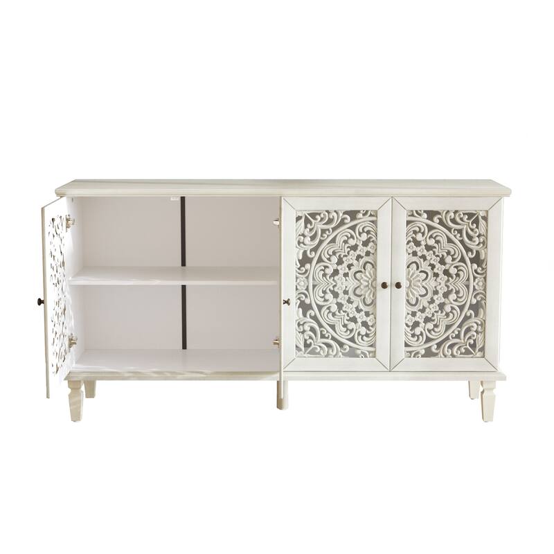 Buffet Cabinet with Floral Carvings with Solid Wood Legs&Antique Brass Handles&Adjustable Shelves,