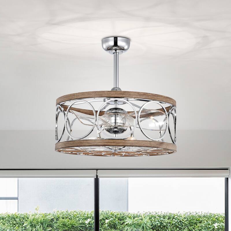 24-inch Chrome and Faux Wood 6 Lights 3 Blades Lighted Ceiling Fan with Remote