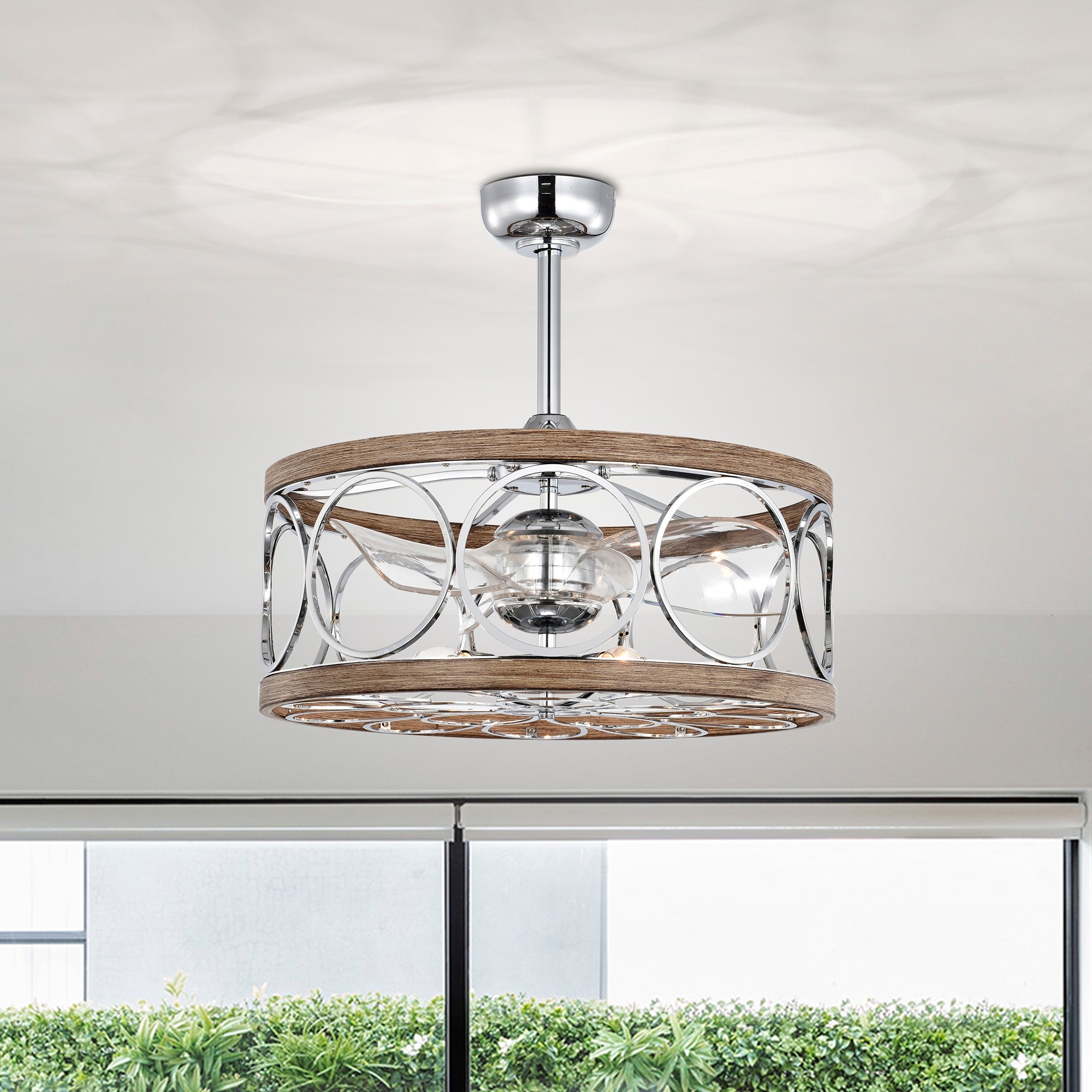 24-inch Chrome and Faux Wood 6 Lights 3 Blades Lighted Ceiling Fan with Remote