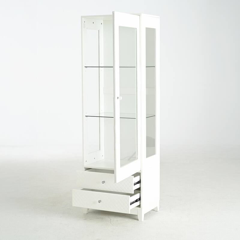 71" LED Display Cabinet with Upholstered Door & Glass Shelves - White