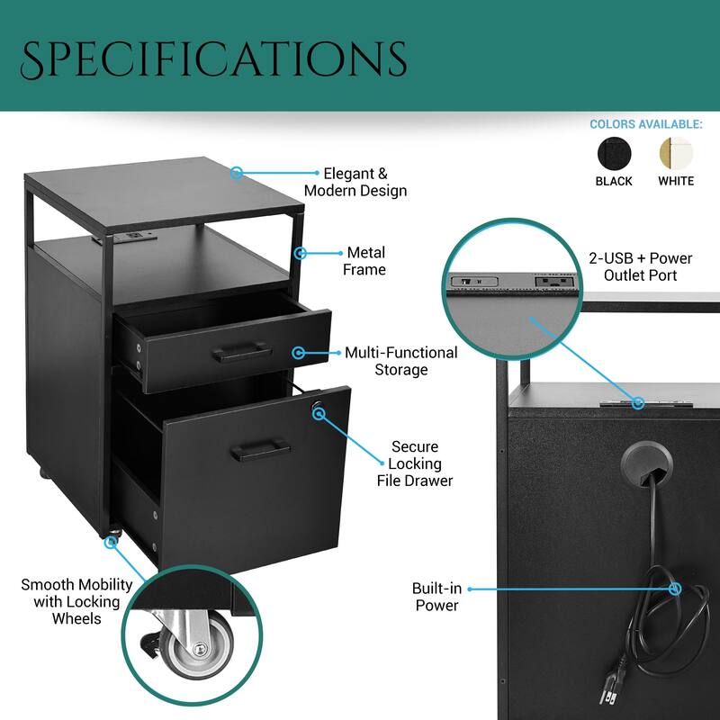 Compact Rolling File Cabinet with Lock, USB Port & Power Outlet