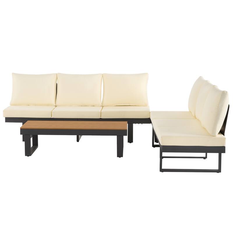 Outdoor Patio Conversation Sofa Set L-shape Sectional Sofa Set with Adjustable Reclining Seats, Coffee Table, Side Table