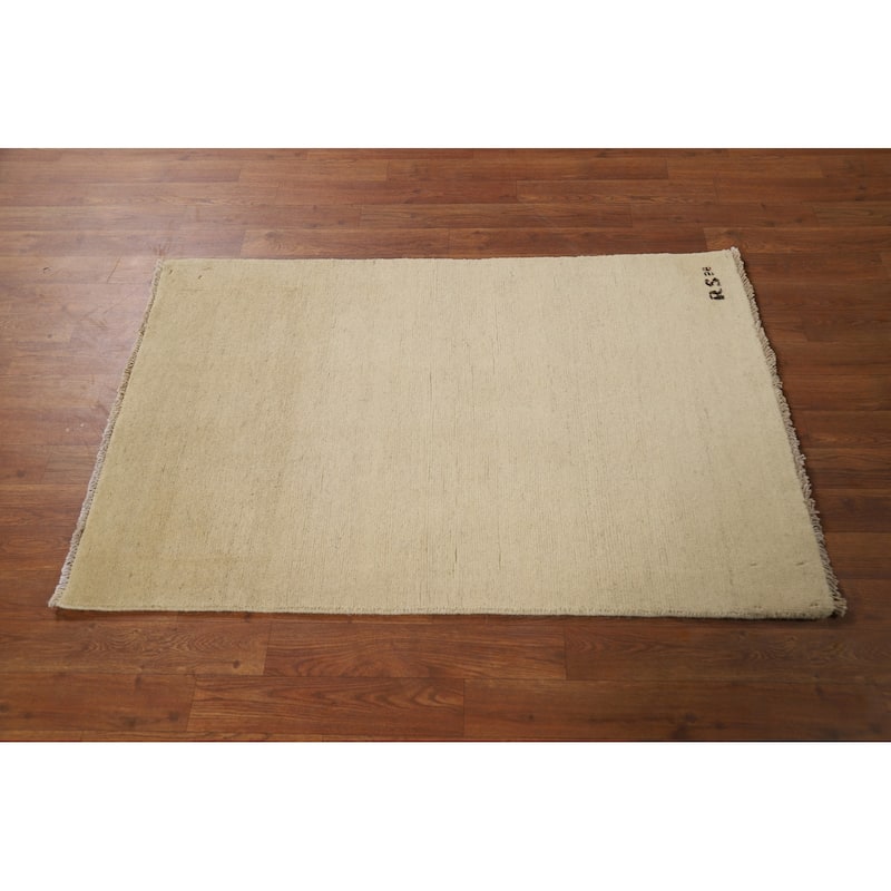 Gabbeh Modern Foyer Rug Handmade Beige Solid Wool Carpet - 2'7"x 4'0"