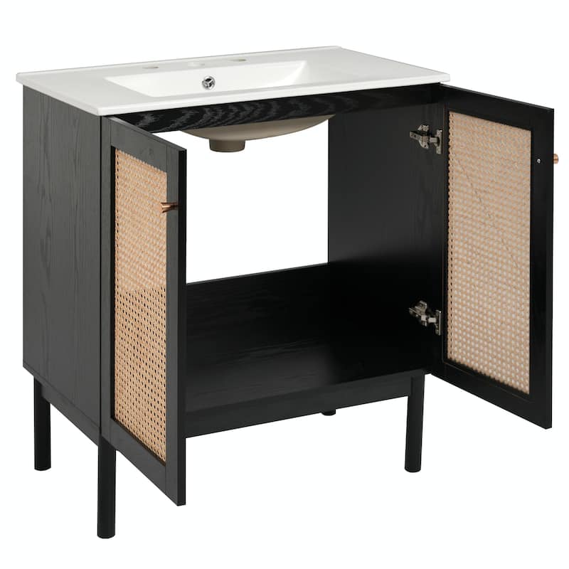 30" Bathroom Vanity with Handmade Rattan Doors - Natural Materials & Soft-Close Mechanisms