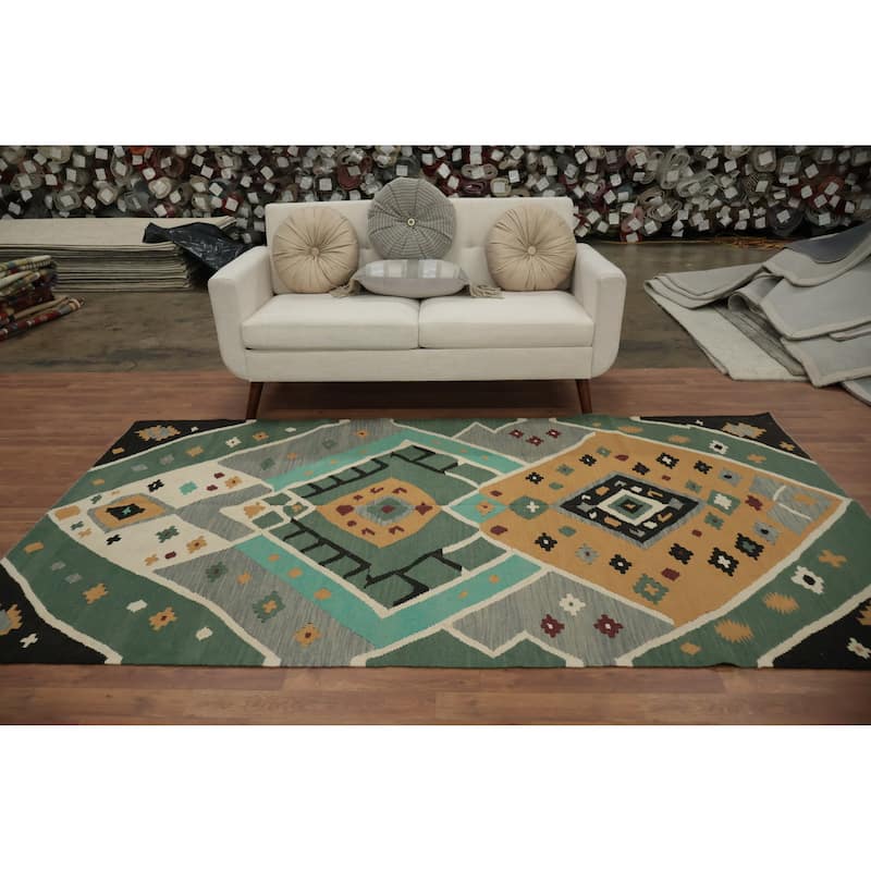 Hand Woven Oriental 100% Wool Carpet Southwestern Tribal Green Kilim Area Rug - 8' 9'' X 4' 11''