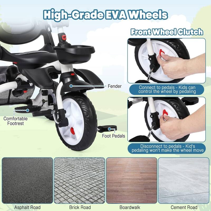 Baby Tricycle, 7 in 1 Folding Toddler Bike w/Removable Adjustable Push Handle