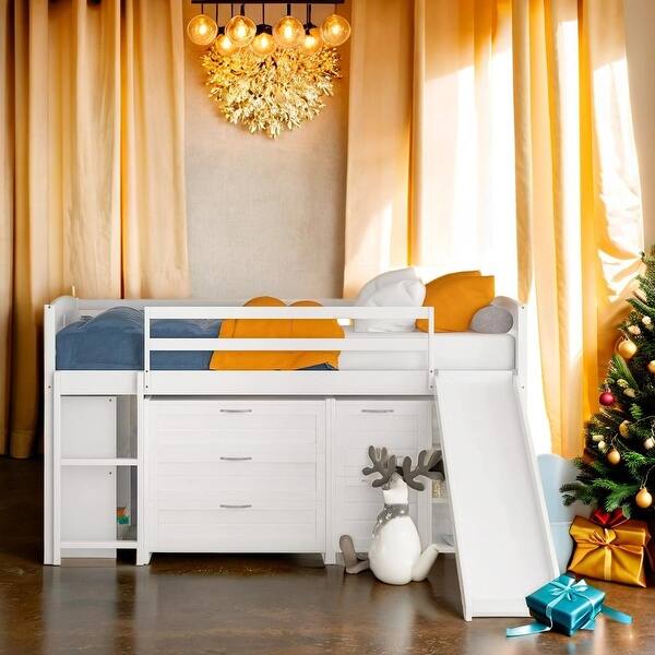 slide 2 of 18, Low Twin Size Loft Bed with Cabinets, Shelves and Slide White