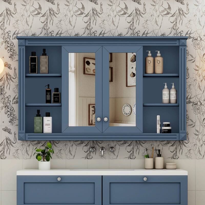 47-Inch Bathroom Mirror Cabinet with Storage, Adjustable Shelf, Open Shelves
