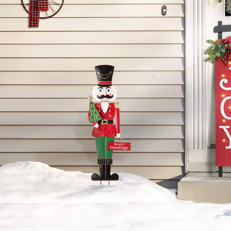 Glitzhome 36"H Metal Christmas Nutcracker Yard Stake Standing Hanging Decor - Nutcracker