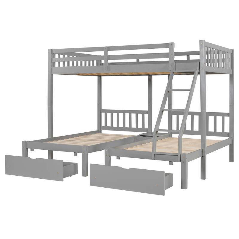Wood Triple Bunk Bed with Drawers and Guardrails, Full Over Twin & Twin, Gray