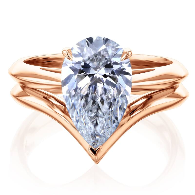 Kobelli 3 Carats Pear Lab Grown Diamond Certified 14k Solid Gold Paris Chevron 2pc Bridal Set - Rose - 6.5