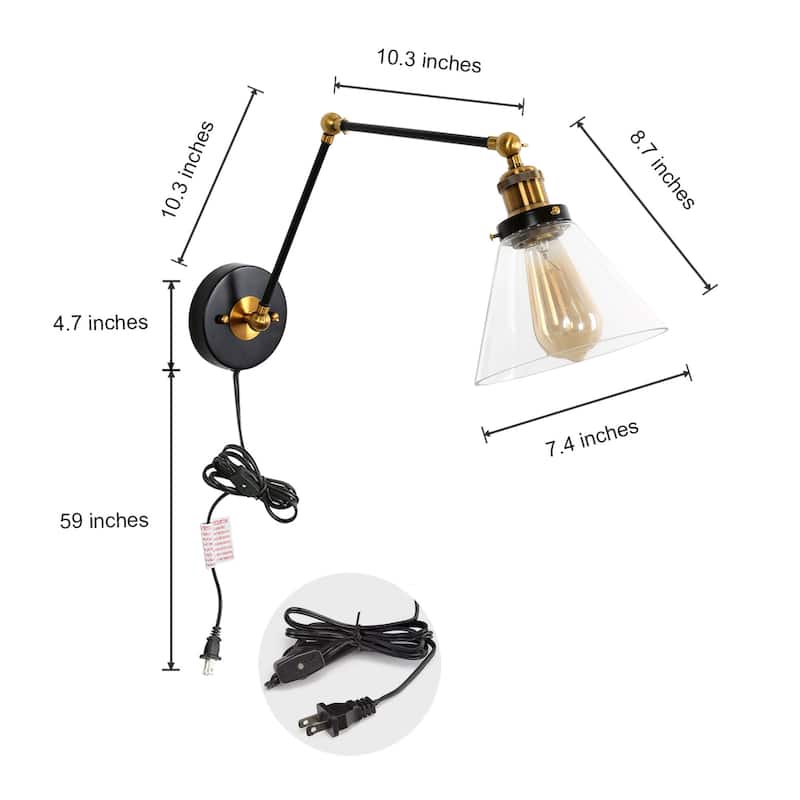 Modern Industrial 1-Light Swing Arm Sconces Clear Glass Wall Light for Bedroom Living Room