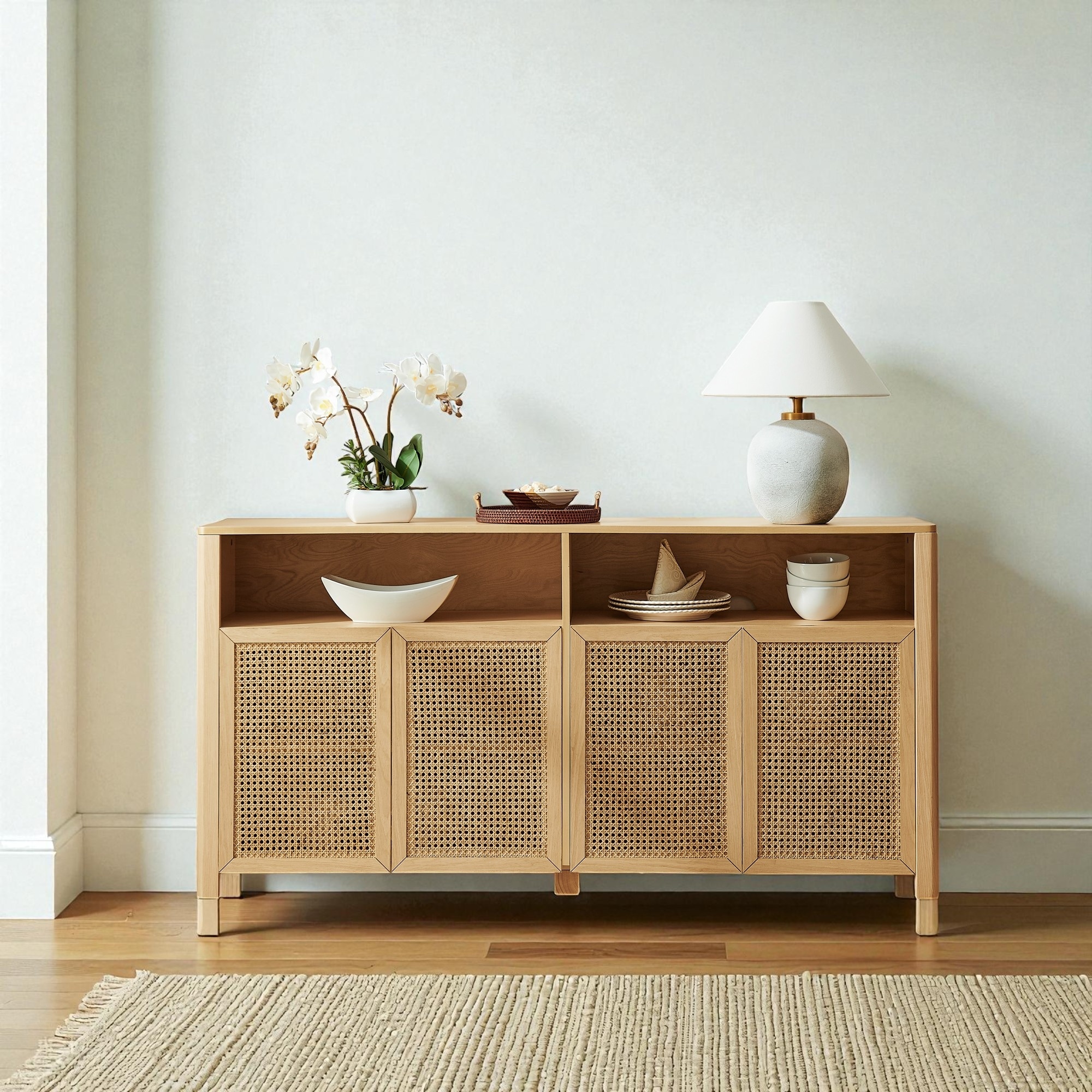 63" Mid-Century Modern Rattan Sideboard Buffet Cabinet with Adjustable Shelves, Storage Credenza for Living Room
