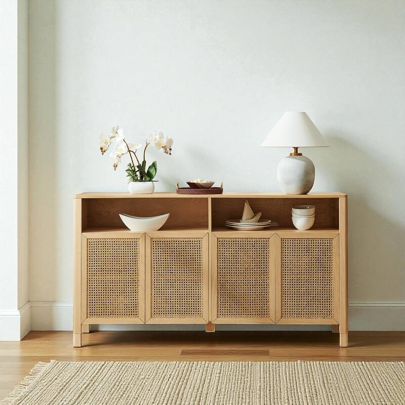 63" Mid-Century Modern Rattan Sideboard Buffet Cabinet with Adjustable Shelves, Storage Credenza for Living Room - Natural