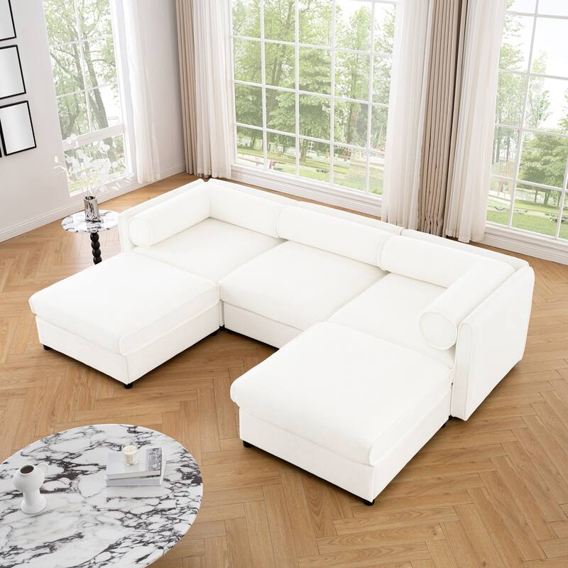 Modern Chenille 6-Seater Sofa with Ottoman Storage, Hidden Storage, Cylindrical Cushioned Arms and Backrest