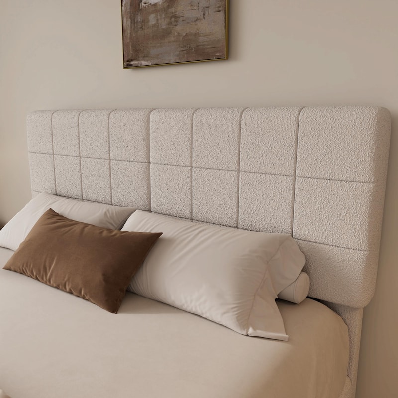 White Bouclé Floating Bed with Ambient Light